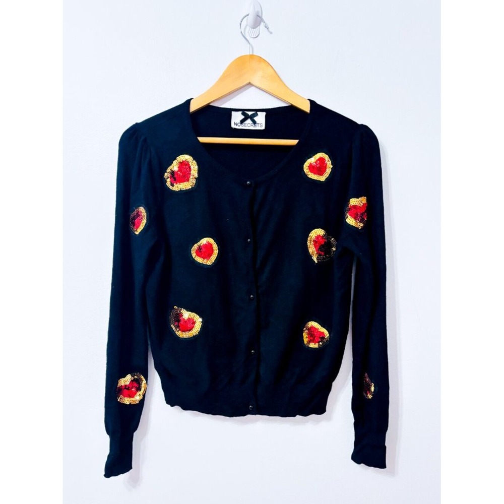 NOSECRETS Black Sequin Heart Cardigan Button Front Puff Shoulder Size 42 IT